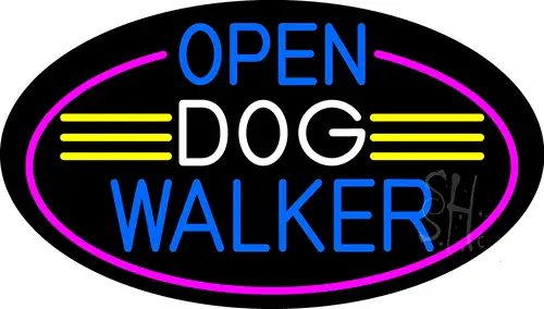 Open Dog Walker Oval With Pink Border LED Neon Sign