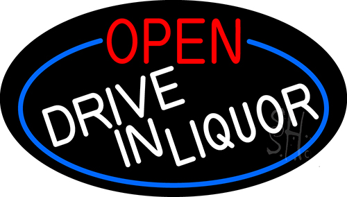 Open Drive In Liquor Oval With Blue Border LED Neon Sign