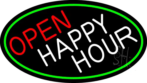 Open Happy Hour Oval With Green Border LED Neon Sign