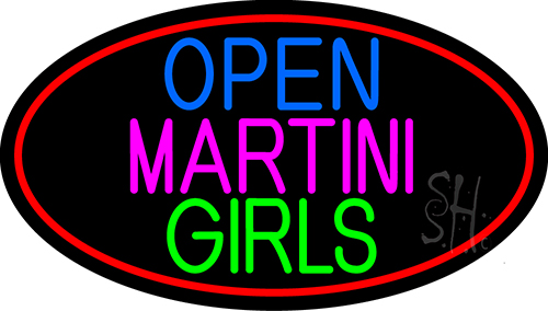 Open Martini Girl Oval With Red Border LED Neon Sign