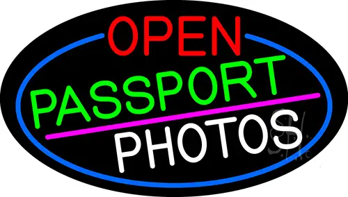 Open Passport Photos Oval With Blue Border LED Neon Sign