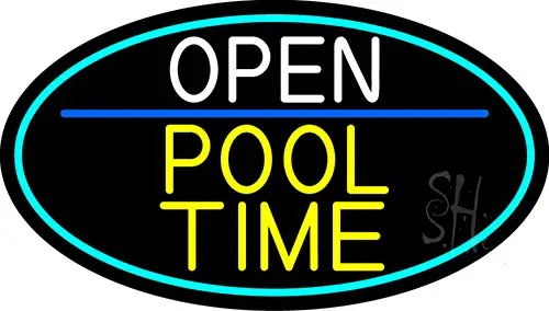 Open Pool Time Oval With Turquoise Border LED Neon Sign