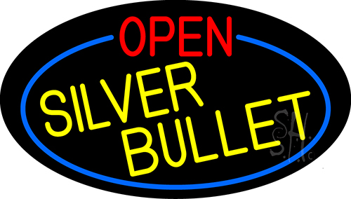 Open Silver Bullet Oval With Blue Border LED Neon Sign
