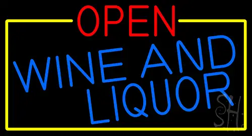 Open Wine And Liquor With Yellow Border LED Neon Sign