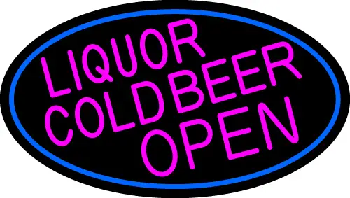 Pink Liquors Cold Beer Open Oval With Blue Border LED Neon Sign