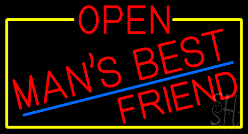 Red Open Mans Best Friend With Yellow Border LED Neon Sign