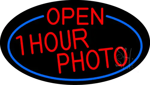 Red Open One Hour Photo Oval With Blue Border LED Neon Sign