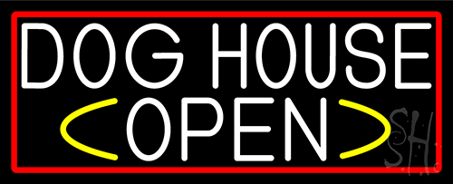 White Dog House Open With Red Border LED Neon Sign