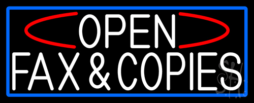 White Open Fax And Copies With Blue Border LED Neon Sign