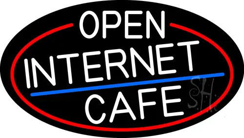 White Open Internet Cafe Oval With Red Border LED Neon Sign