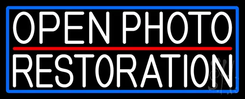 White Open Photo Restoration With Blue Border LED Neon Sign