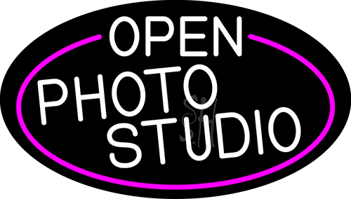 White Open Photo Studio Oval With Pink Border LED Neon Sign