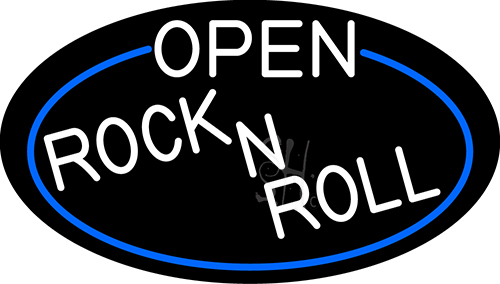 White Open Rock N Roll Oval With Blue Border LED Neon Sign