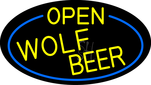 Yellow Open Wolf Beer Oval With Blue Border LED Neon Sign