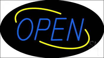 Open Deco Style Teal Letters with Yellow Oval Border LED Neon Sign