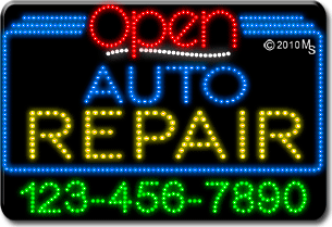 Auto Repair Open with Phone Number Animated LED Sign