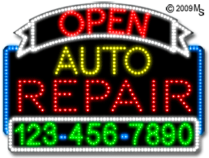 Auto Repair Open with Phone Number Animated LED Sign