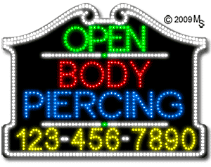 Body Piercing Open with Phone Number Animated LED Sign