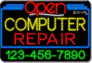 Computer Repair Open with Phone Number Animated LED Sign