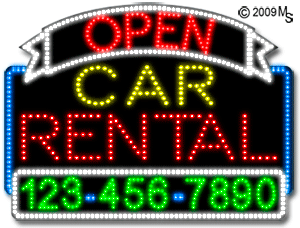 Car Rental Open with Phone Number Animated LED Sign