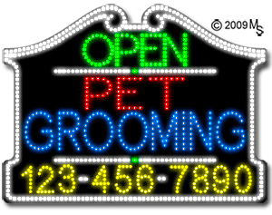 Pet Grooming Open with Phone Number Animated LED Sign