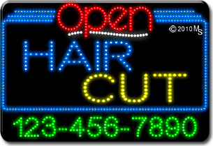 Hair Cut Open with Phone Number Animated LED Sign
