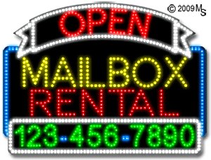 Mailbox Rental Open with Phone Number Animated LED Sign