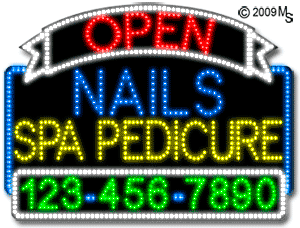 Nails Spa Pedicure Open with Phone Number Animated LED Sign