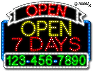 Open 7 Days Open with Phone Number Animated LED Sign