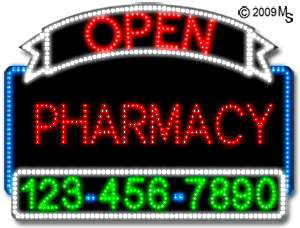 Pharmacy Open with Phone Number Animated LED Sign