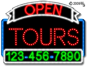 Tours Open with Phone Number Animated LED Sign
