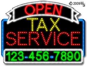 Tax Service Open with Phone Number Animated LED Sign