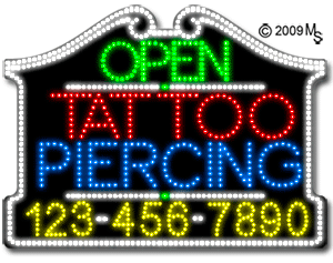 Tattoo Piercing Open with Phone Number Animated LED Sign