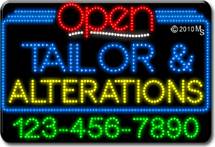 Tailor and Alterations Open with Phone Number Animated LED Sign