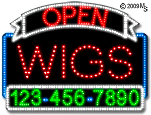 Wigs Open with Phone Number Animated LED Sign