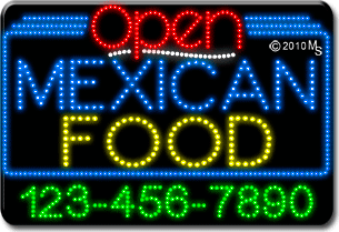 Mexican Food Open with Phone Number Animated LED Sign