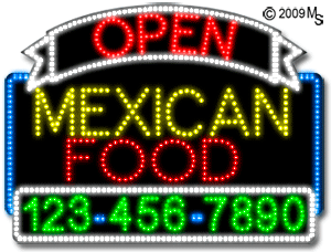 Mexican Food Open with Phone Number Animated LED Sign
