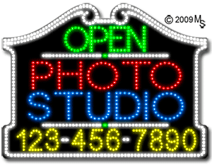 Photo Studio Open with Phone Number Animated LED Sign