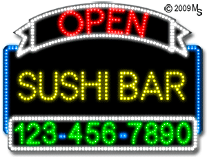 Sushi Bar Open with Phone Number Animated LED Sign