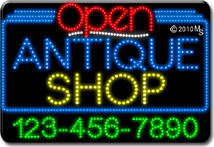 Antique Shop Open with Phone Number Animated LED Sign