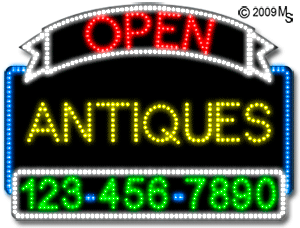 Antiques Open with Phone Number Animated LED Sign