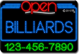 Billiards Open with Phone Number Animated LED Sign