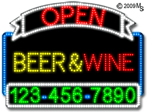 Beer Wine Open with Phone Number Animated LED Sign