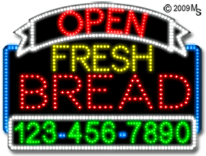 Fresh Bread Open with Phone Number Animated LED Sign