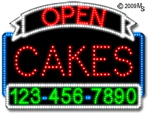 Cakes Open with Phone Number Animated LED Sign