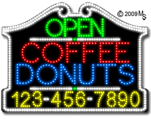 Coffee Donuts Open with Phone Number Animated LED Sign