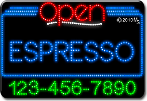 Espresso Open with Phone Number Animated LED Sign
