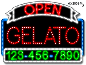 Gelato Open with Phone Number Animated LED Sign