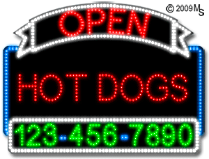 Hot Dogs Open with Phone Number Animated LED Sign