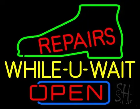 Shoe Repairs While You Wait Red Open LED Neon Sign